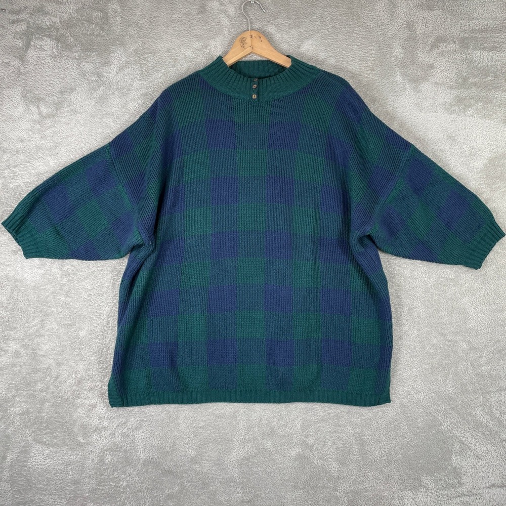 Stefano World Wide Sweater Womens‎ OS Blue Plaid Mock Neck Grandmacore Cottage